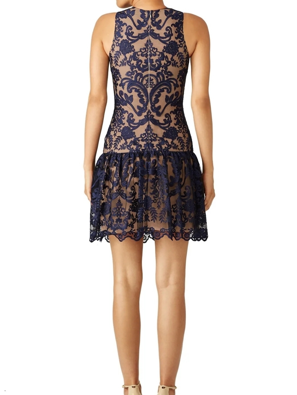 ML Monique Lhuillier Navy Lace Overlay Drop-Waist Dress Size 8 - Picture 3 of 12